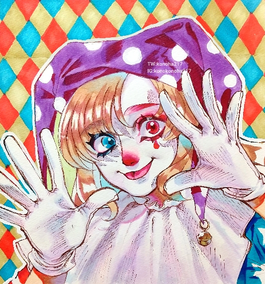 1girl, argyle_background, argyle_clothes, blue_eyes, clown, clownpiece, facepaint, gloves