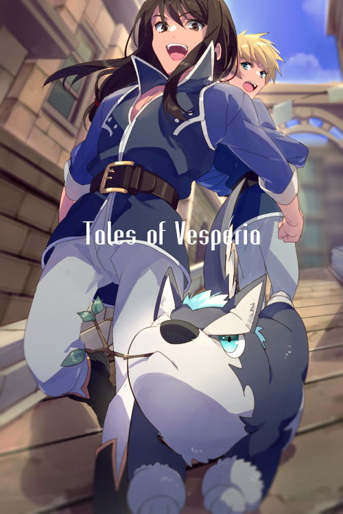 aqua_eyes, arch, architecture, belt, belt_buckle, black_belt, black_footwear, black_hair, blonde_hair, blue_eyes, blue_jacket, blue_sky, boots, brick_wall, brown_eyes, buckle, city, dog, echo_(circa), feet_out_of_frame, flynn_scifo, flynn_scifo_(light_fedrock_uniform), grey_fur, grey_pants, hair_between_eyes, jacket, long_hair, long_sleeves, male_focus, mouth_hold, multiple_boys, open_mouth, outdoors, pants, popped_collar, repede_(tales), short_hair, sky, sleeves_rolled_up, smile, stalk_in_mouth, tales_of_(series), tales_of_vesperia, teeth, twig, two-tone_fur, upper_teeth_only, walking, white_fur, window, yuri_lowell