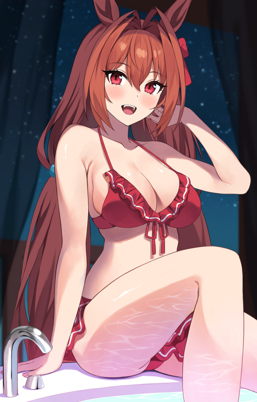 1girl, animal_ears, bare_shoulders, bikini, blush, breasts, brown_hair, cleavage