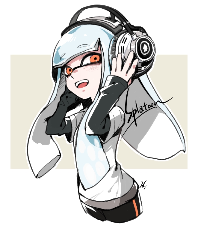 1girl, adjusting_headphones, bike_shorts, blue_hair, blunt_bangs, copyright_name, cowboy_shot, cropped_legs, english_text, female_focus, flat_chest, hands_up, happy, headphones, hime_cut, inkling, inkling_girl, inkling_player_character, layered_sleeves, light_blush, long_hair, long_sleeves, looking_to_the_side, nintendo, open_mouth, outline, red_eyes, sentinel_ga_koku_ni_aru, shirt, short_over_long_sleeves, short_sleeves, sidelocks, smile, solo, splatoon_(series), standing, teeth, tentacle_hair, tentacles, white_outline, white_shirt