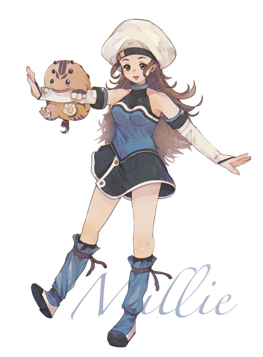 1girl, bonaparte_(suikoden), breasts, brown_eyes, brown_hair, closed_mouth, creature, full_body