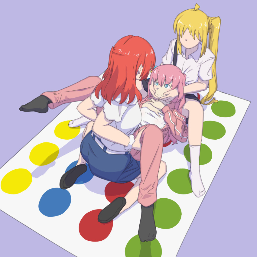 3girls, absurdres, black_socks, blonde_hair, blue_eyes, blue_skirt, bocchi_the_rock!, faceless