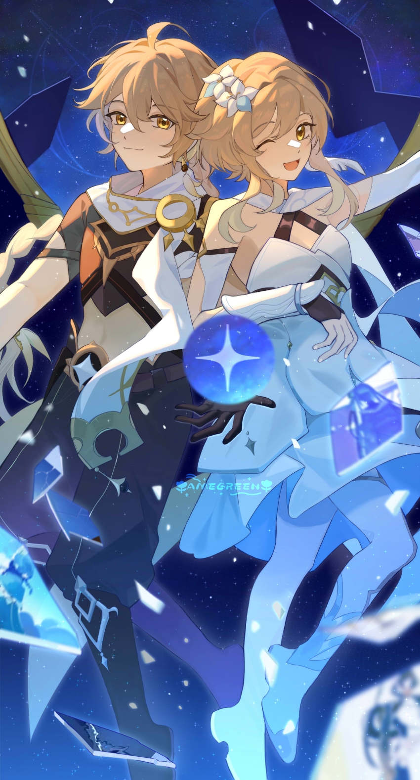 1boy, 1girl, absurdres, aether_(genshin_impact), amegreen, black_gloves, blonde_hair, braid