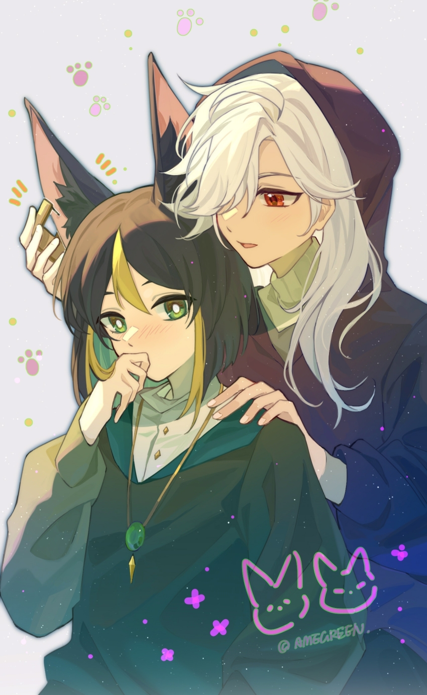 2boys, alternate_costume, amegreen, animal_ears, artist_name, black_hair, cyno_(genshin_impact), dark-skinned_male