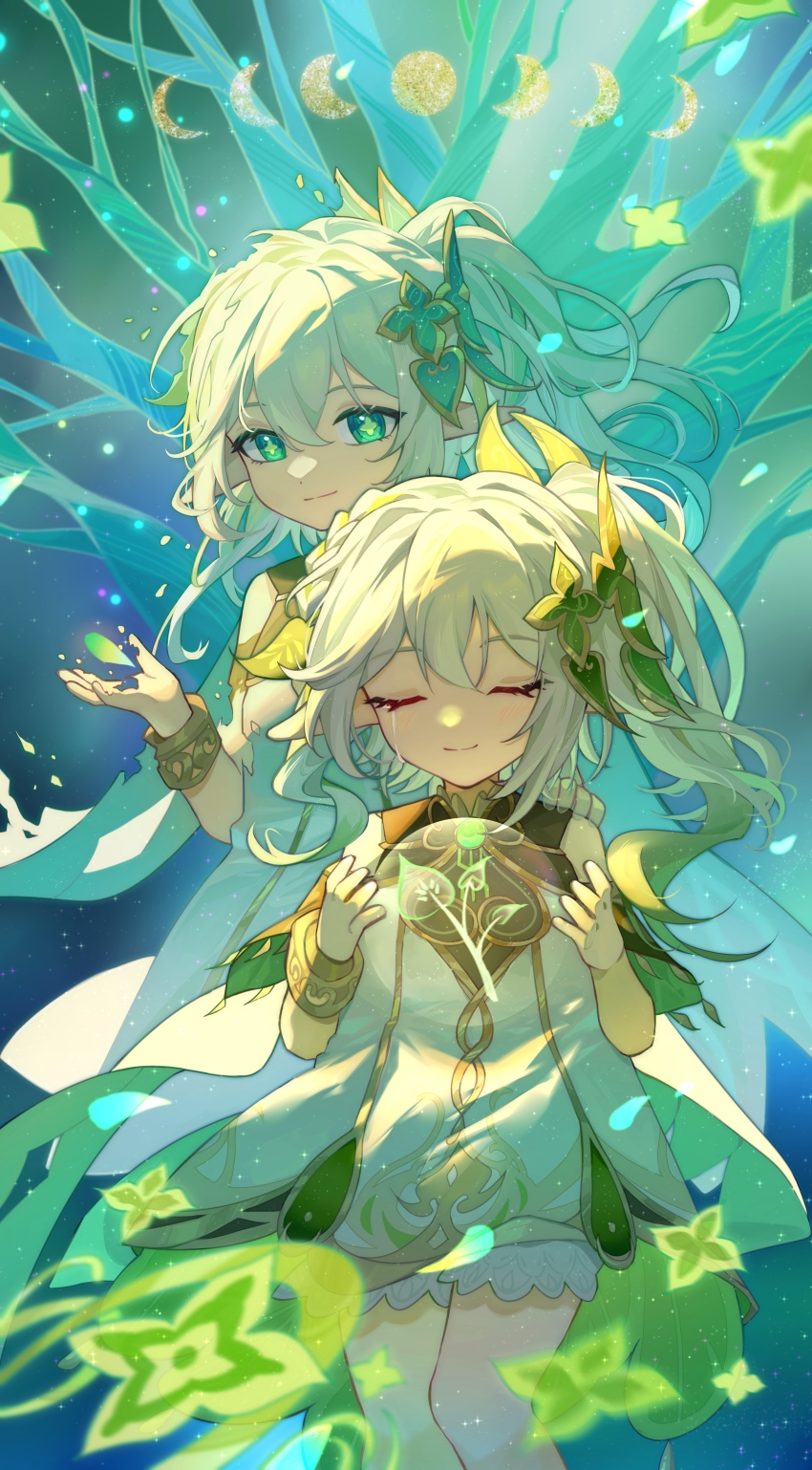2girls, absurdres, amegreen, child, closed_eyes, detached_sleeves, dress, genshin_impact, gold_trim, gradient_hair, green_eyes, green_hair, hair_ornament, highres, long_hair, multicolored_hair, multiple_girls, nahida_(genshin_impact), pointy_ears, rukkhadevata_(genshin_impact), side_ponytail, smile, symbol-shaped_pupils, tears, white_dress, white_hair