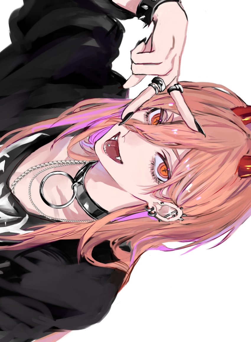 1girl, absurdres, ancoo_mm, baggy_clothes, barbell_piercing, black_choker, black_nails, black_shirt