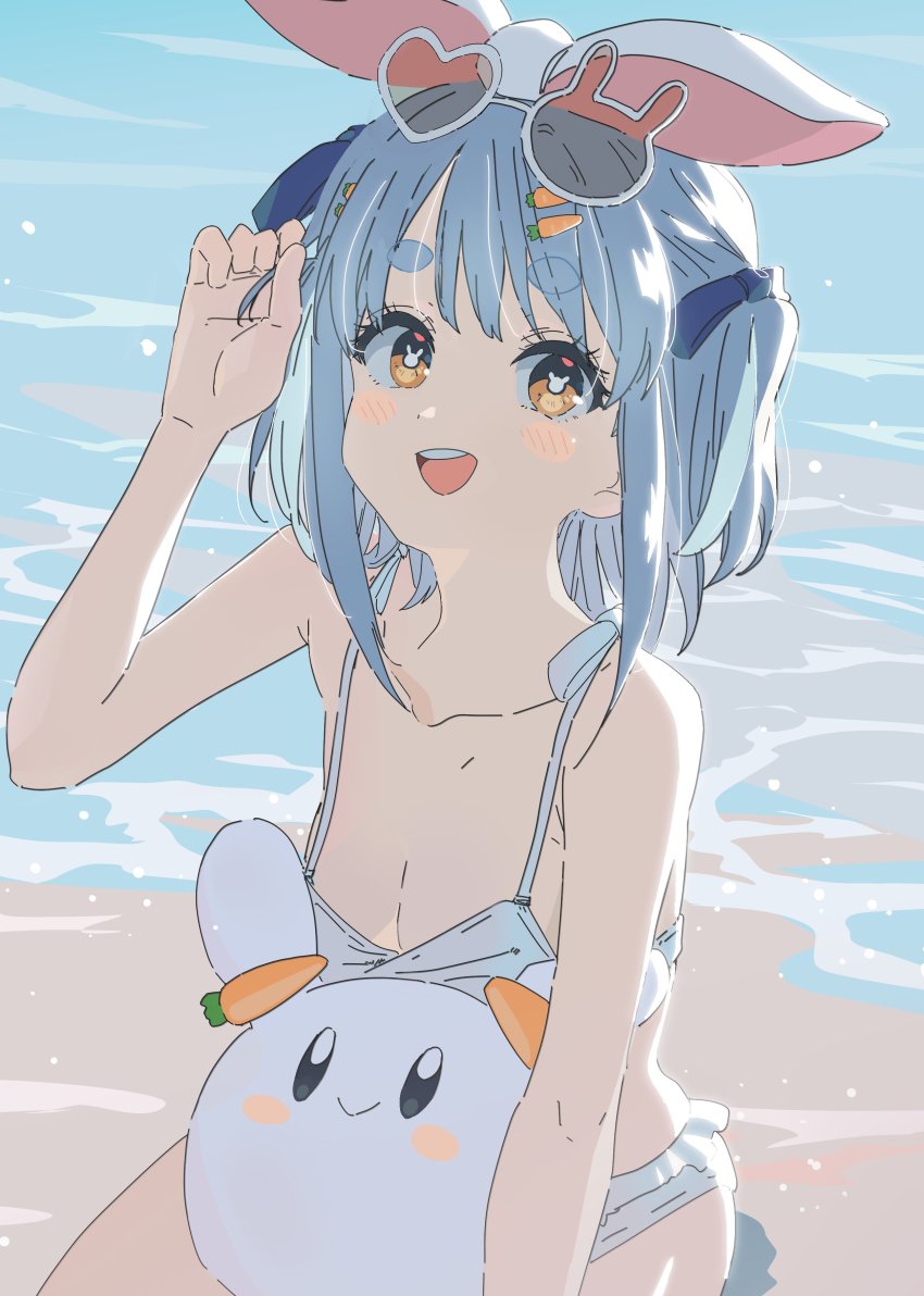 1girl, absurdres, beach, bikini, blue_hair, blue_ribbon, blush, breasts