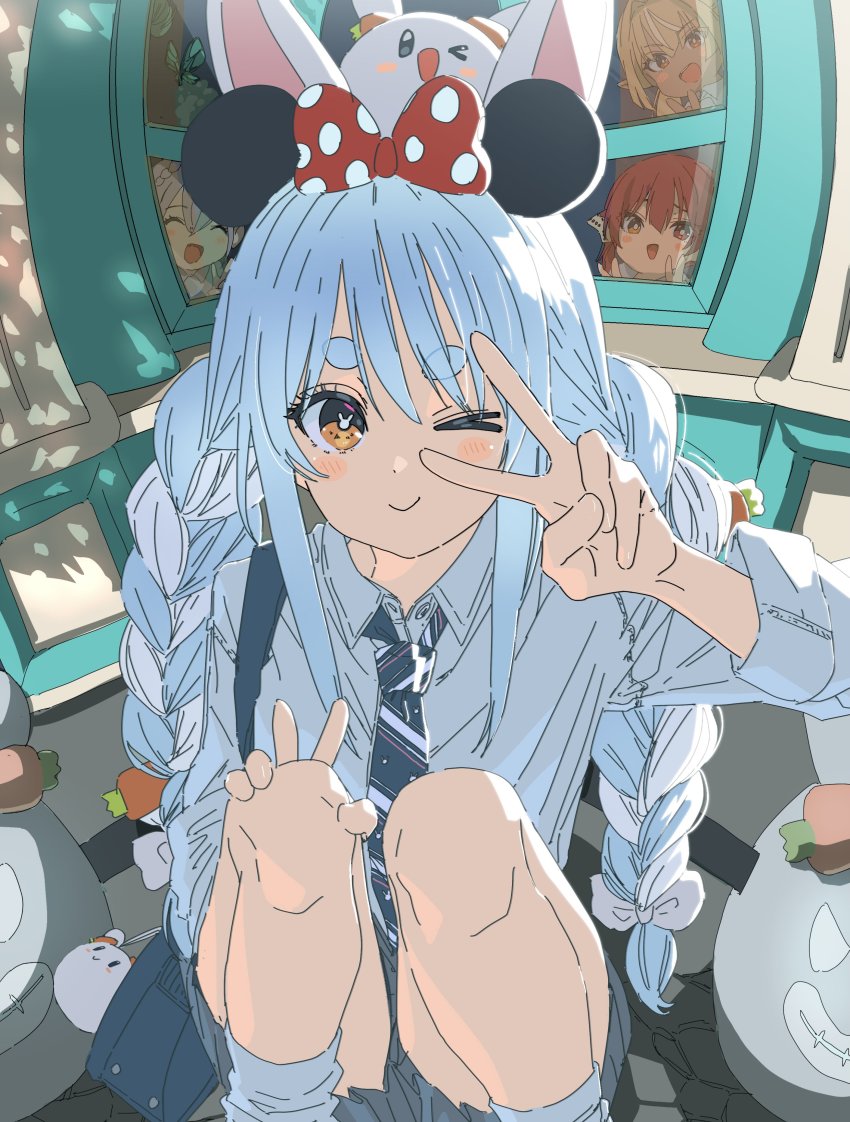 4girls, absurdres, animal_ears, aqua_butterfly, bare_legs, blue_hair, blue_necktie, bow