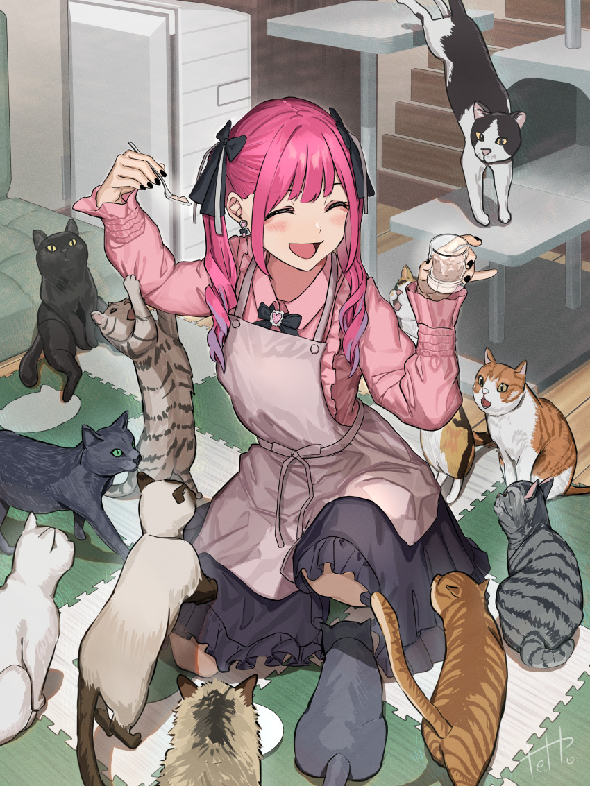 1girl, :d, absurdres, apron, black_bow, black_bowtie, black_nails, black_skirt, blush, bow, bowtie, cat, cat_furniture, cat_tower, closed_eyes, commentary_request, earrings, fingernails, full_body, highres, hinamizawa_hinami_(tetto), indoors, jewelry, jirai_kei, kneeling, long_sleeves, medium_skirt, nail_polish, open_mouth, original, pink_hair, pink_shirt, shirt, skirt, slice_of_life, smile, spoon, tetto_(onnoveltet), too_many, too_many_cats, twintails