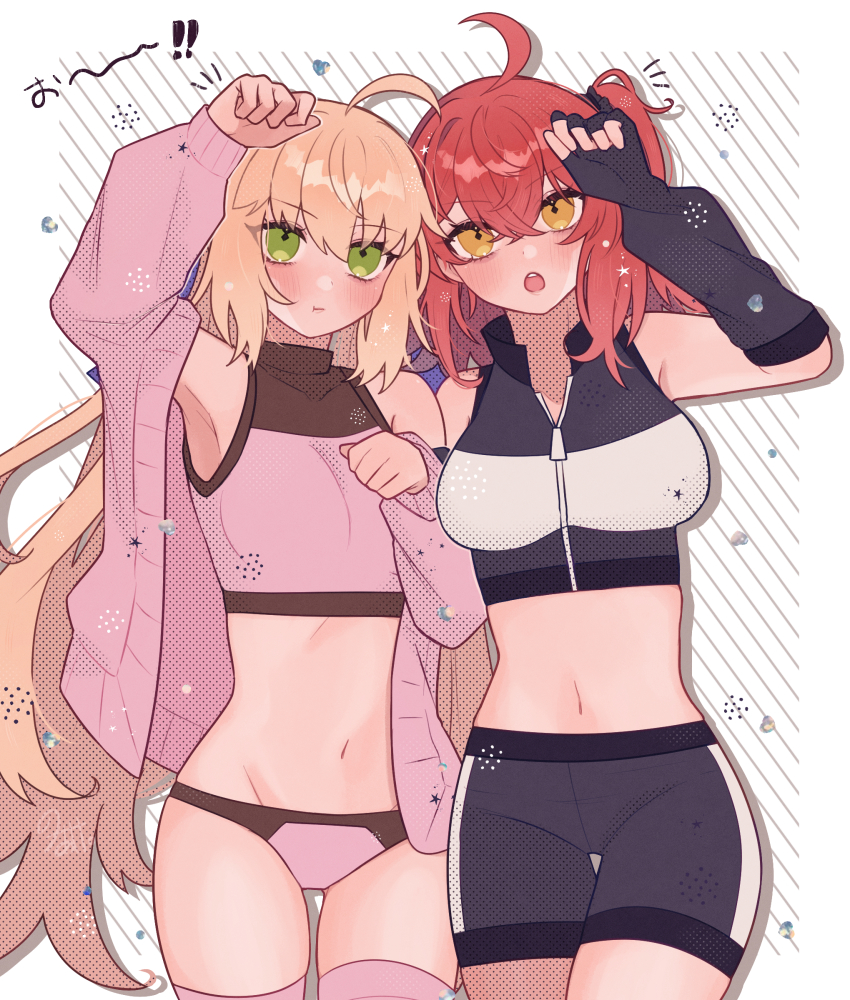 2girls, absurdres, armpits, artoria_caster_(counter_stretch)_(fate), artoria_caster_(fate), artoria_pendragon_(fate), bike_shorts, blonde_hair