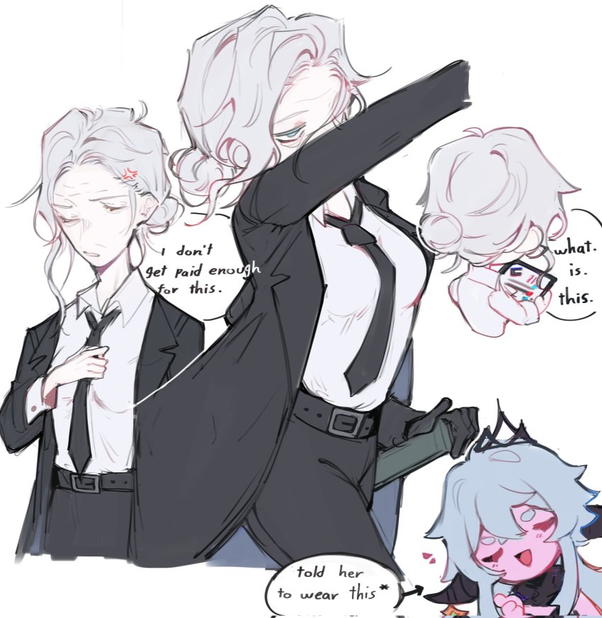 annoyed, asymmetrical_hair, belt, belt_buckle, black_belt, black_necktie, black_pants, black_suit