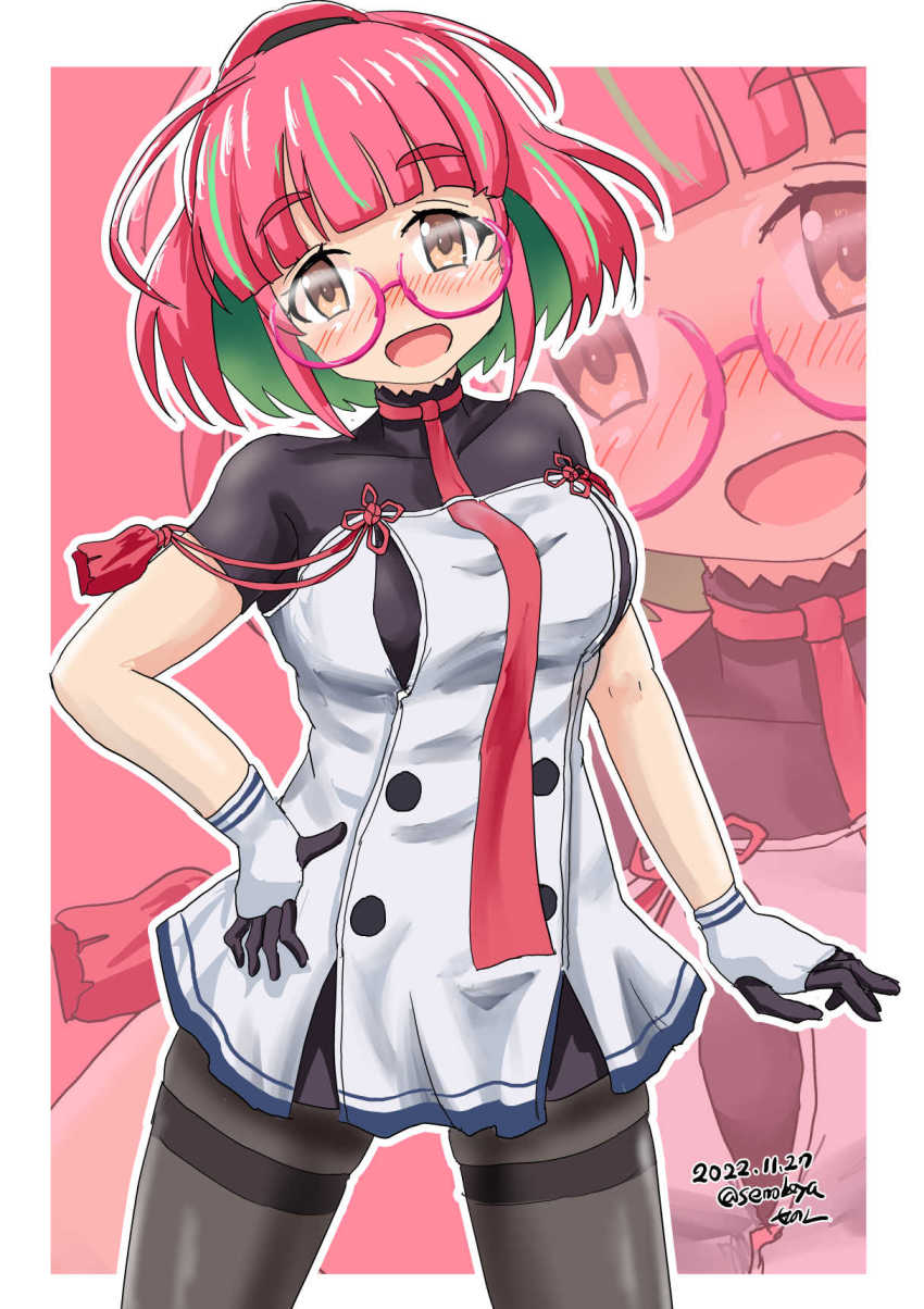 black_pantyhose, breasts, brown_eyes, cosplay, dated, glasses, gloves, green_hair