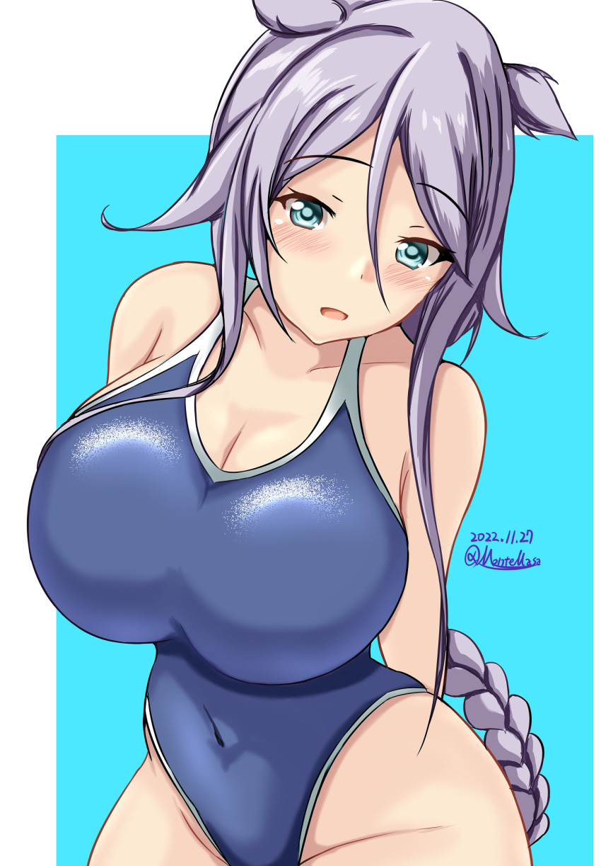 1girl, blue_background, blue_eyes, blue_one-piece_swimsuit, blush, braid, breasts, competition_swimsuit