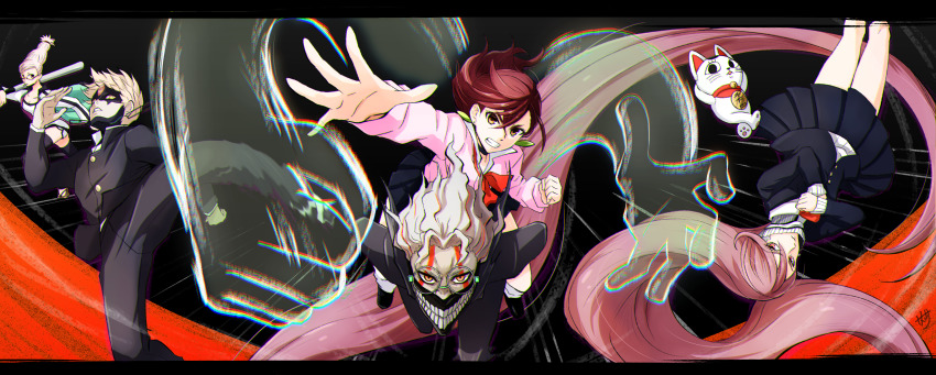 2boys, 3girls, absurdres, acrobatic_silky_(dandadan), arms_behind_back, ayase_momo, ayase_seiko, baseball_bat