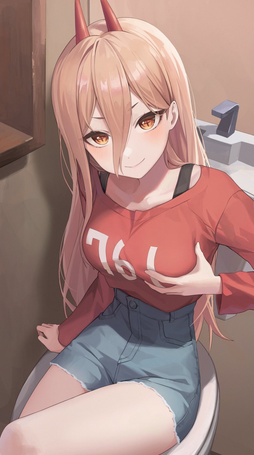 >:), 1girl, absurdres, bathroom, black_bra, blonde_hair, blue_shorts, blush, bra, breasts, chainsaw_man, closed_mouth, collarbone, cross-shaped_pupils, demon_horns, denim, denim_shorts, grabbing_another's_breast, grabbing_own_breast, groping, hair_between_eyes, hair_over_shoulder, highres, horns, irain_(_irain_), long_hair, looking_at_viewer, orange_eyes, power_(chainsaw_man), red_shirt, shirt, shorts, sidelocks, sink, sitting, smile, symbol-shaped_pupils, toilet, underwear, v-shaped_eyebrows