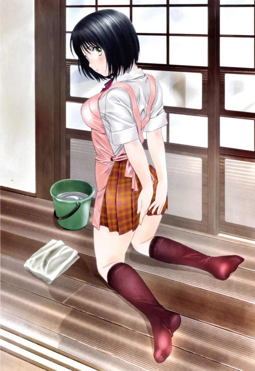 00s, 1girl, absurdres, apron, black_hair, black_socks, blouse, blush, bucket, covering_ass, covering_privates, feet, female_focus, hands_on_own_ass, hands_on_skirt, highres, indoors, kneehighs, kneeling, kobayashi_hiyoko, looking_back, non-web_source, official_art, oku-sama_wa_joshi_kousei, onohara_asami, orange_skirt, pink_apron, plaid_clothes, plaid_skirt, red_socks, school_uniform, shirt, short_hair, skirt, socks, solo, white_shirt, wooden_floor