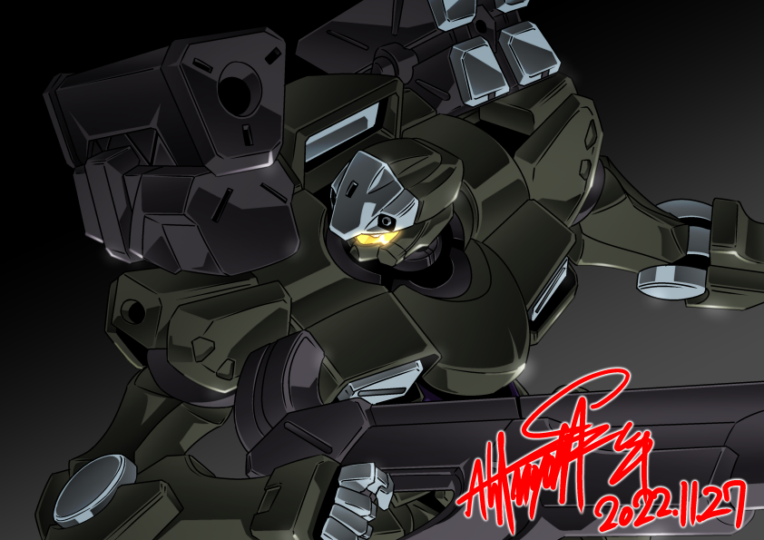 assault_visor, black_background, from_above, glowing, gun, gundam, gundam_suisei_no_majo, holding, holding_gun, holding_weapon, looking_to_the_side, mecha, robot, signature, solo, upper_body, weapon, zowort_heavy, zzz_sakaz