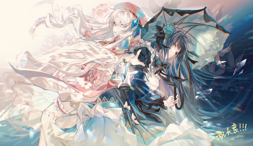 2girls, absurdres, arcaea, black_dress, blue_eyes, character_request, crystal, dress