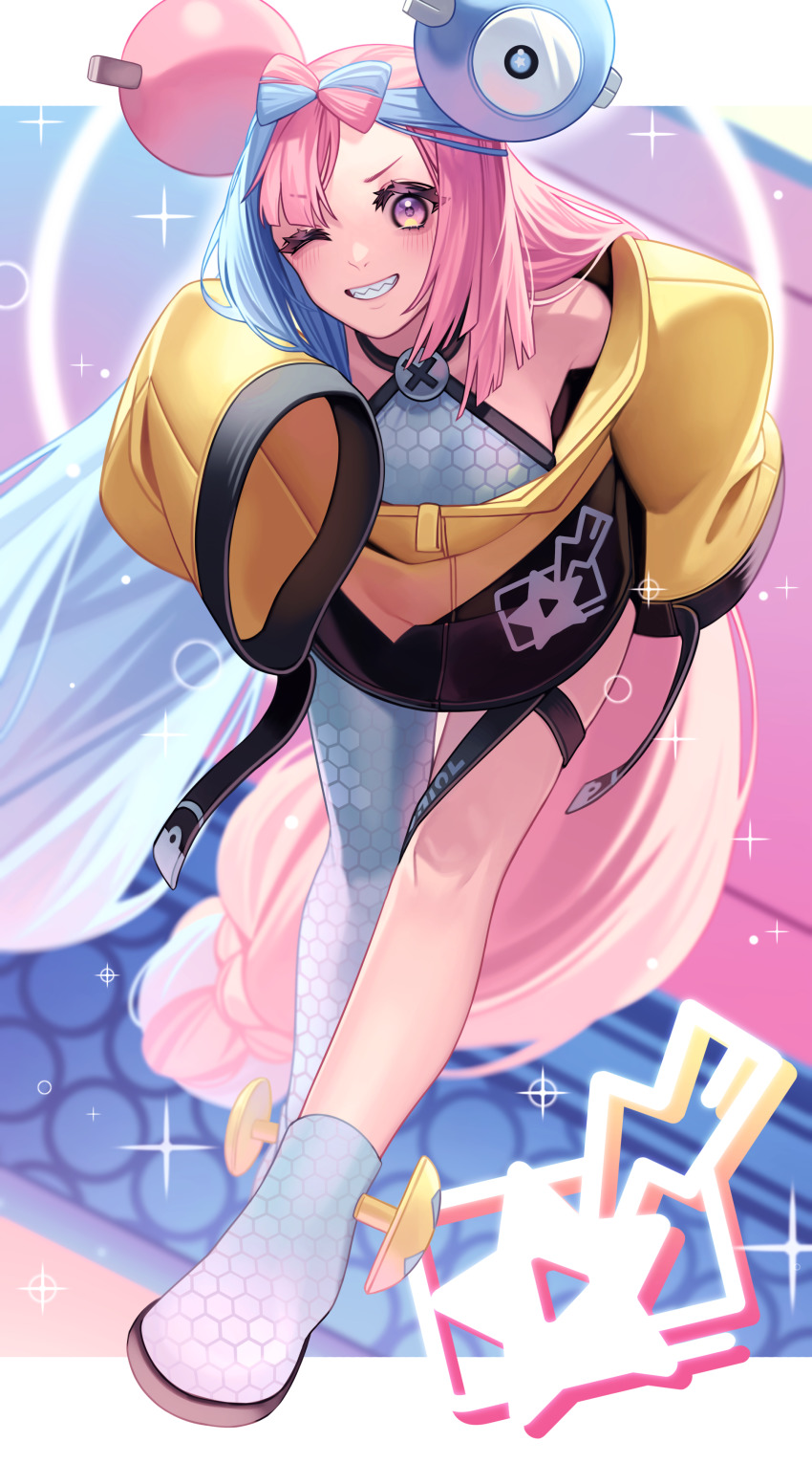 1girl, absurdres, bent_over, blue_hair, blush, boots, character_hair_ornament, commentary