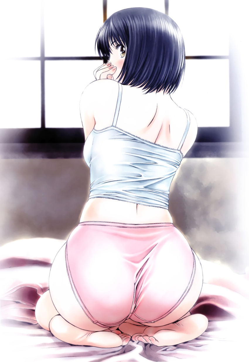 00s, 1girl, absurdres, ass, back, barefoot, black_hair, blush, camisole, covering_own_mouth, feet, hand_over_mouth, hand_over_own_mouth, highres, kneeling, kobayashi_hiyoko, looking_back, non-web_source, official_art, oku-sama_wa_joshi_kousei, onohara_asami, panties, pink_panties, seiza, short_hair, sitting, underwear