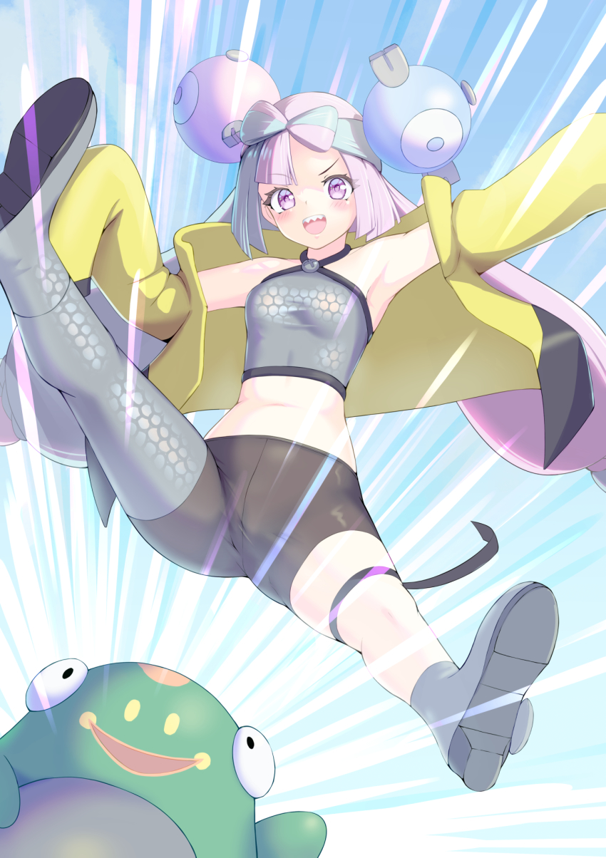 1girl, :d, armpits, bellibolt, bike_shorts, blush, boots, breasts, character_hair_ornament, commentary_request, dorai, eyelashes, grey_footwear, grey_shirt, hair_ornament, highres, iono_(pokemon), jacket, looking_at_viewer, multicolored_hair, nintendo, open_clothes, open_jacket, open_mouth, pink_hair, pokemon, pokemon_(creature), pokemon_scarlet_and_violet, purple_eyes, sharp_teeth, shirt, sleeveless, sleeveless_shirt, small_breasts, smile, spread_legs, teeth, tongue, twintails, two-tone_hair, upper_teeth_only, yellow_jacket