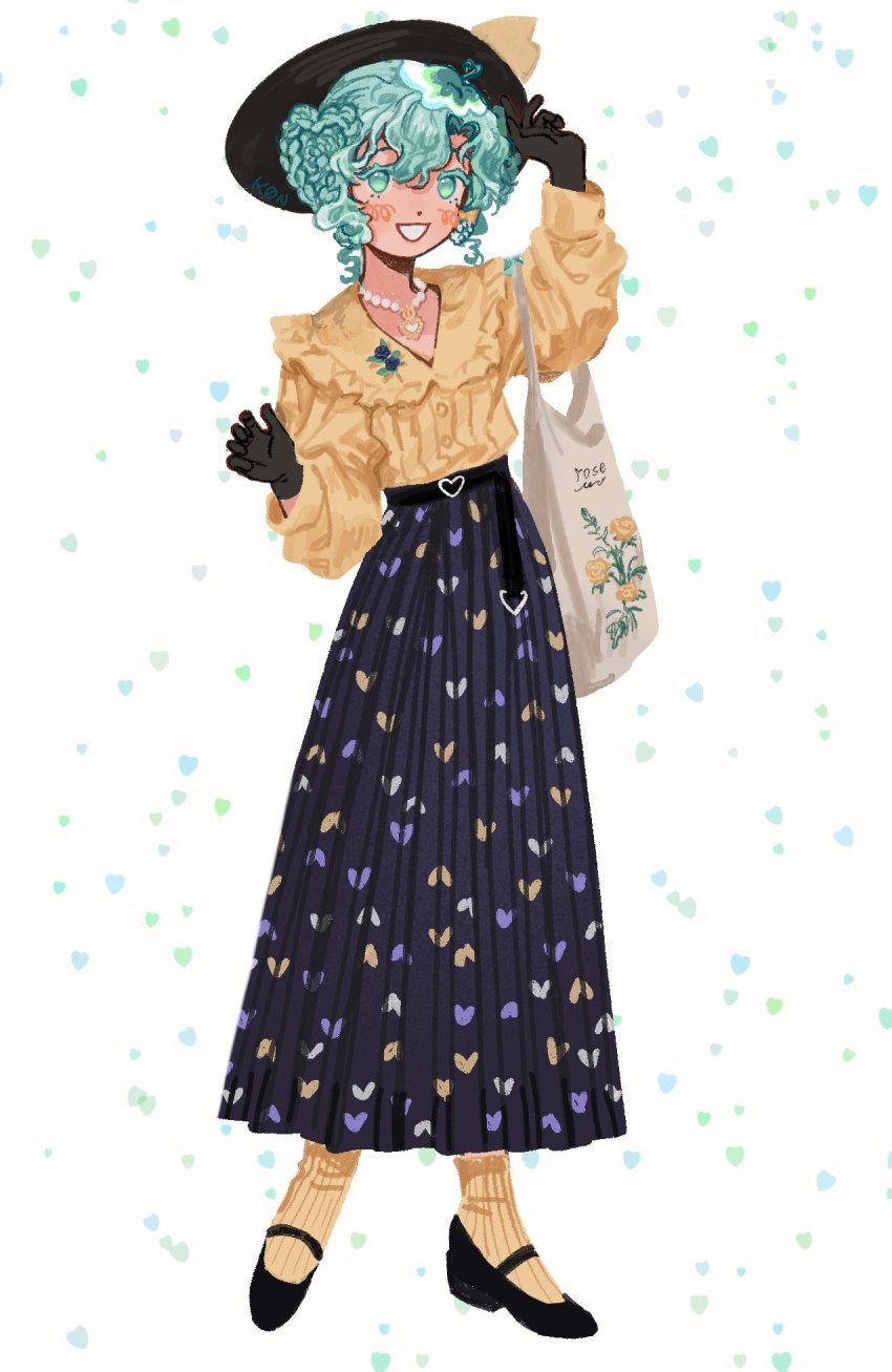 1girl, :d, ankle_socks, artist_name, bag, belt, black_belt, black_footwear, black_gloves, black_headwear, blue_flower, blue_rose, blush_stickers, dot_nose, floral_print, flower, gloves, green_eyes, green_hair, hat, hat_ribbon, heart, heart_print, highres, jewelry, k0nfette, komeiji_koishi, necklace, open_mouth, pearl_necklace, pleated_skirt, purple_skirt, ribbon, rose, rose_pin, rose_print, shirt, short_hair, skirt, smile, socks, touhou, wavy_hair, white_background, yellow_shirt