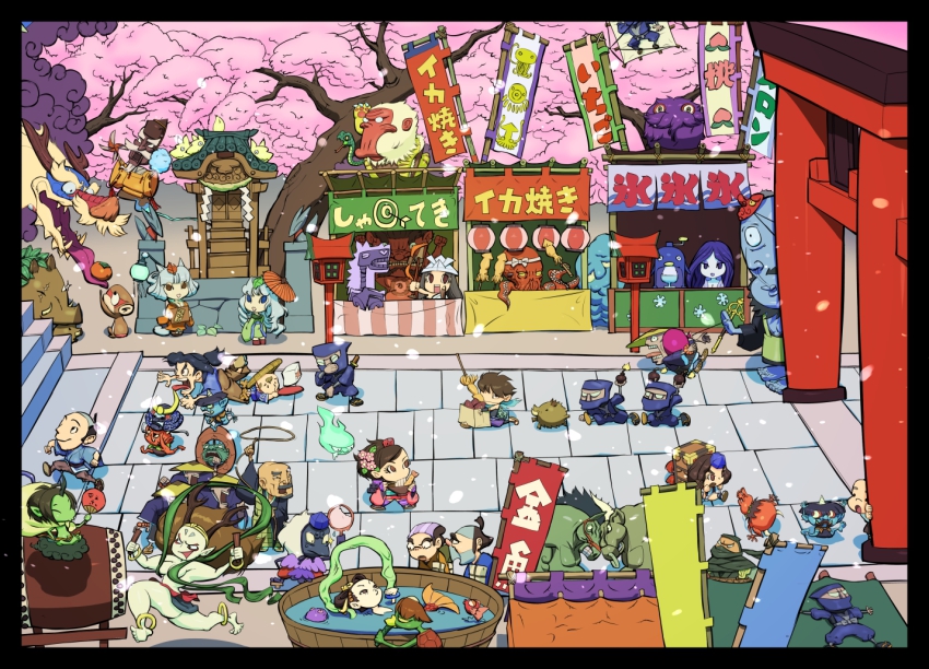 6+boys, 6+girls, animal_ears, armor, bare_shoulders, barefoot, black_hair, blue_eyes, blue_oni, bow_(weapon), bracelet, breasts, brown_eyes, brown_hair, cherry_blossoms, chibi, closed_eyes, comb, demon, dragon, drum, everyone, eyeshadow, facial_hair, flower, food, fox_ears, fruit, fuujin_(mythology), fuujin_(oboro_muramasa), ghost, gloves, hair_flower, hair_ornament, helmet, hikimayu, horns, instrument, japanese_clothes, jewelry, kappa, katana, kimono, kisuke, kongiku, leaf, leaf_on_head, long_hair, makeup, manin_(mouhitsu), medium_breasts, mermaid, momohime, monk, monkey, monster_girl, mouhitsu, multiple_boys, multiple_girls, muscular, mustache, ninja, object_on_head, oboro_muramasa, oil-paper_umbrella, oni, persimmon, petals, ponytail, raijin_(oboro_muramasa), red_oni, samurai, sandals, scarf, short_hair, short_kimono, silver_hair, skirt, skull, smile, striped_legwear, submerged, sword, tail, tengu, thighhighs, tongue, torahime, traditional_youkai, tree, umbrella, vanillaware, weapon, yagyuu_yukinojou, yuki_onna_(oboro_muramasa), yukinojyo_yagyu, yuzuruha