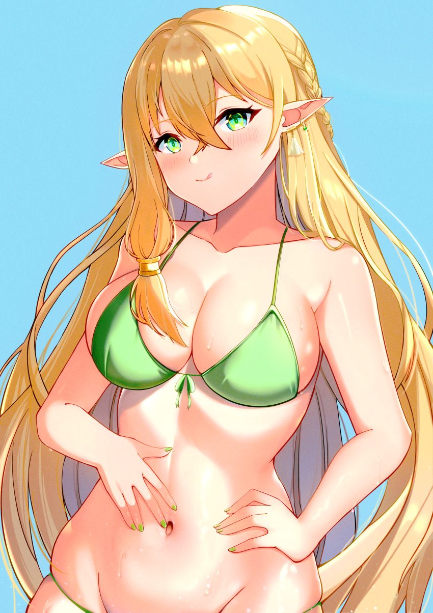 1girl, :q, absurdres, bikini, blonde_hair, breasts, elf, green_bikini