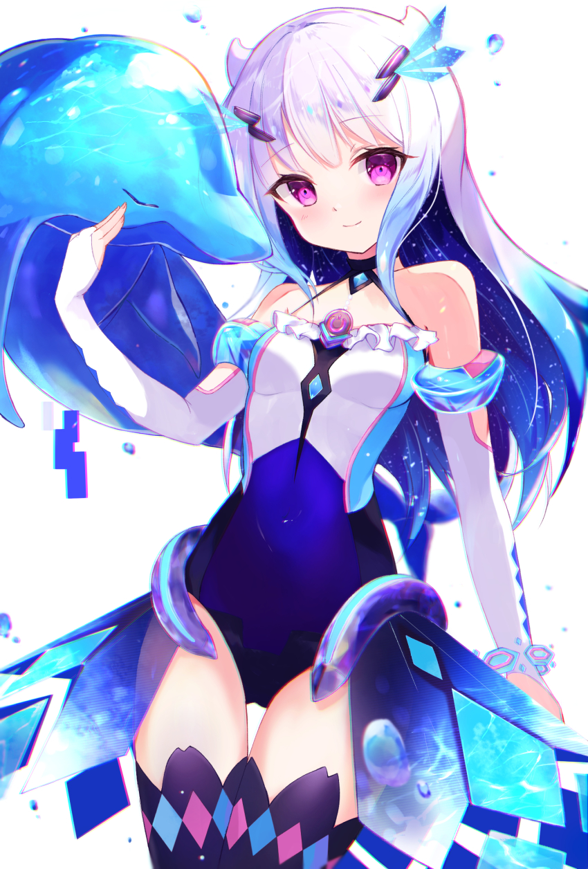 1girl, animal, blue_hair, blue_one-piece_swimsuit, bridal_gauntlets, choker, closed_mouth, colored_inner_hair, covered_navel, cowboy_shot, dolphin, eternal_sakura, eternal_sakura_(swimsuit_ver.), frilled_one-piece_swimsuit, frilled_swimsuit, frills, gradient_hair, hair_horns, halterneck, highres, laurels, long_hair, looking_at_viewer, magia_record:_mahou_shoujo_madoka_magica_gaiden, mahou_shoujo_madoka_magica, multicolored_hair, okomeillust, one-piece_swimsuit, pink_eyes, power_symbol, showgirl_skirt, sidelocks, simple_background, smile, solo, swimsuit, swimsuit_skirt, thigh_gap, thighhighs, two-tone_hair, uwasa_(madoka_magica), water_drop, white_background, white_hair