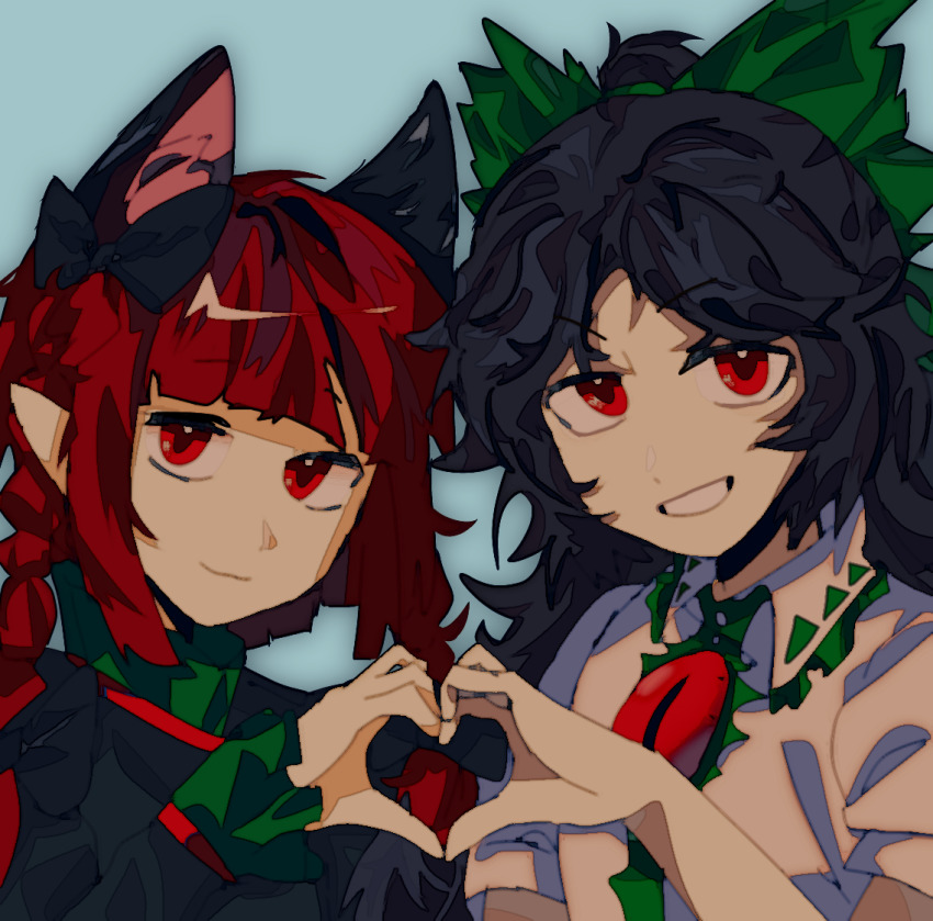 2girls, :3, animal_ears, black_hair, black_shirt, braid, cat_ears, cat_girl, chinese_commentary, closed_mouth, collared_shirt, commentary_request, frilled_shirt_collar, frills, grin, heart, heart_hands, heart_hands_duo, kaenbyou_rin, blue_background, long_hair, long_sleeves, multiple_girls, red_eyes, red_hair, reiuji_utsuho, shiri_fusang, shirt, short_sleeves, simple_background, smile, touhou, twin_braids, white_shirt