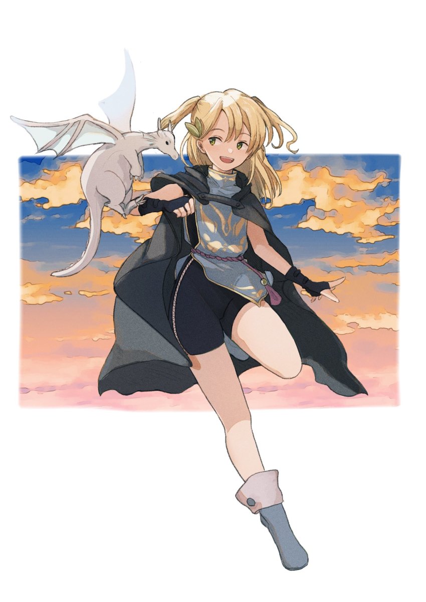 1girl, bike_shorts, bike_shorts_under_skirt, blonde_hair, cape, cloud, dragon, fingerless_gloves
