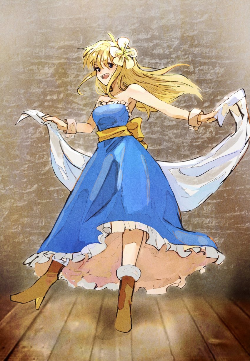 1girl, bad_link, bad_twitter_link, blonde_hair, blue_eyes, boots, breasts, brown_boots, dress, gensou_suikoden, gensou_suikoden_i, highres, korunosabu, long_hair, looking_at_viewer, medium_breasts, mina_(suikoden), open_mouth, smile, solo, wooden_floor