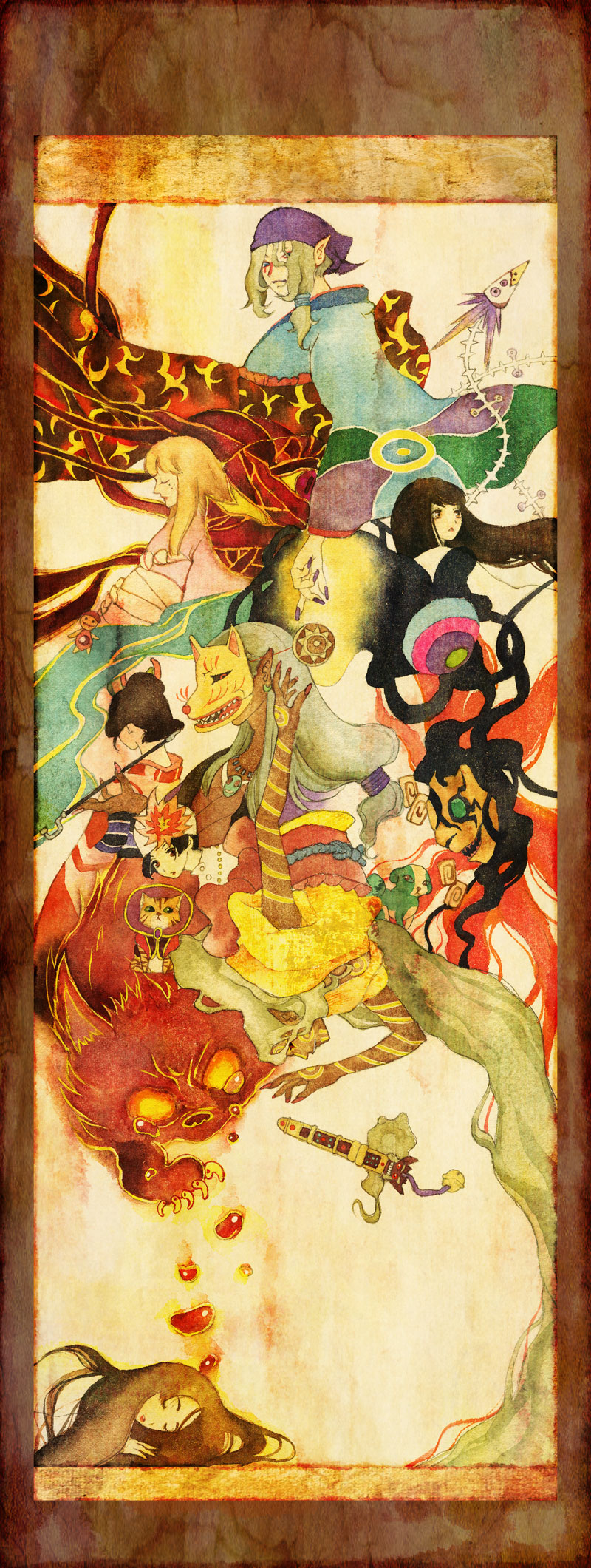 3boys, 5girls, animal, bakeneko, bandana, black_hair, blonde_hair, blue_eyes, bodypaint, bow, brown_hair, cat, claws, dark_skin, demon_form, durag, dual_persona, everyone, closed_eyes, facepaint, facial_mark, fox_mask, highres, horns, ichikawa_setsuko, japanese_clothes, kayo, kimono, kusuriuri_(shingi)_(mononoke), kusuriuri_(mononoke), long_hair, looking_at_viewer, makeup, mask, mononoke, multiple_boys, multiple_girls, muttiy, nail_polish, noppera-bou_(mononoke), obi, ochou, oyou, painting_(medium), pointy_ears, pregnant, red_eyes, sash, sheath, sheathed, shino_(mononoke), short_hair, sun_symbol, sword, traditional_media, very_long_hair, watercolor_(medium), weapon, white_hair, traditional_youkai