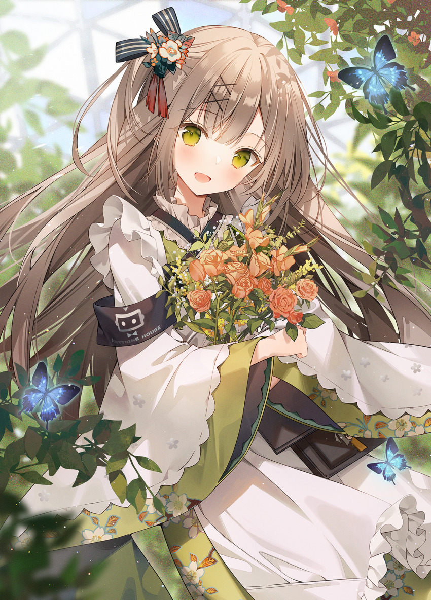 1girl, apron, armband, bouquet, brown_hair, bug, butterfly, cowboy_shot