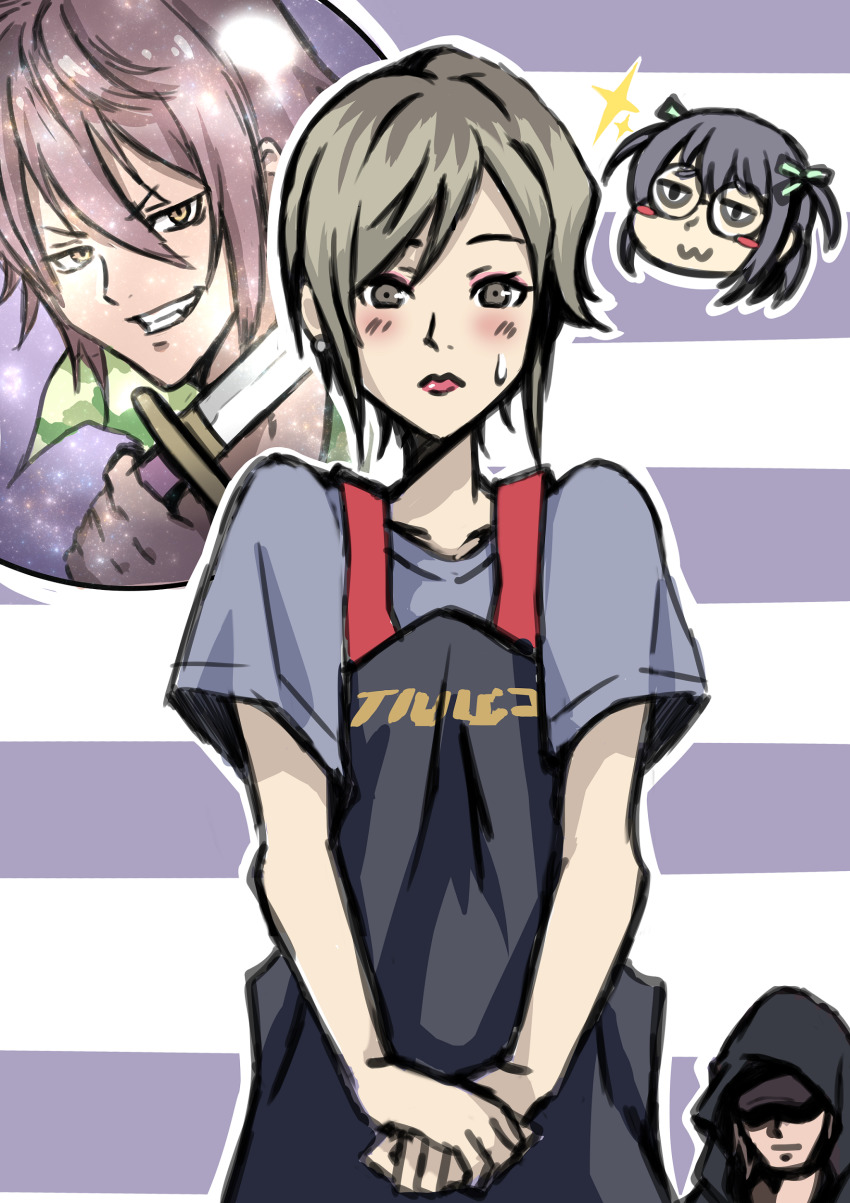 1boy, 2girls, absurdres, apron, baseball_cap, black_apron, black_coat, black_hoodie