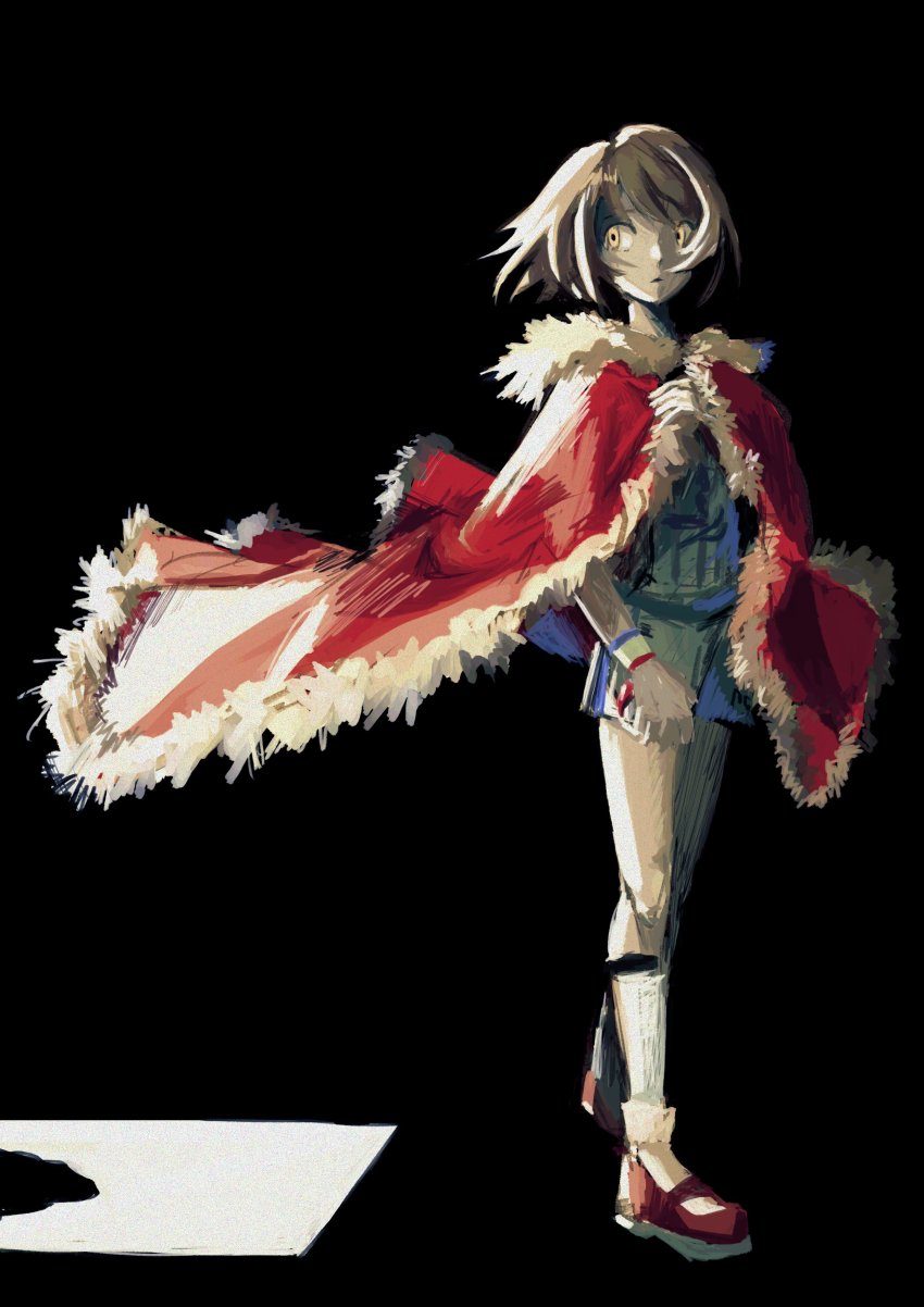 1girl, absurdres, black_background, brown_hair, cape, closed_mouth, floating_cape, frown