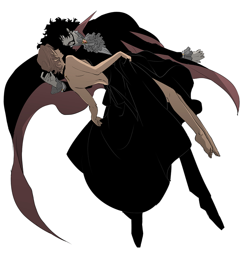 1boy, 1girl, back, barefoot, beard, black_hair, cape, colored_skin, cowboy_bebop, dark-skinned_female, dark_skin, electra_ovilo, facial_hair, feet, grey_skin, short_hair, simple_background, vampire, vincent_volaju, wakana_kuraguchi, white_background