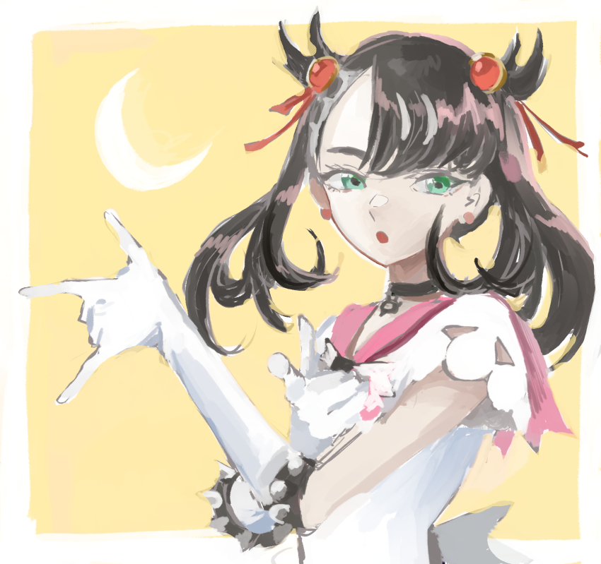 1girl, :o, \m/, aqua_eyes, asymmetrical_bangs, bishoujo_senshi_sailor_moon, black_choker, black_hair