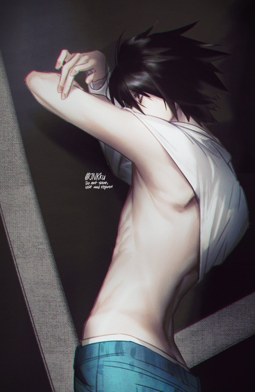 1boy, absurdres, arms_up, black_eyes, black_hair, blue_pants, clothes_lift, cowboy_shot