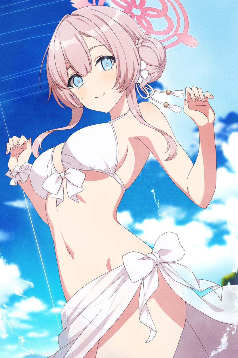 1girl, bare_shoulders, bikini, blue_archive, blue_eyes, blurry, blurry_background, braid