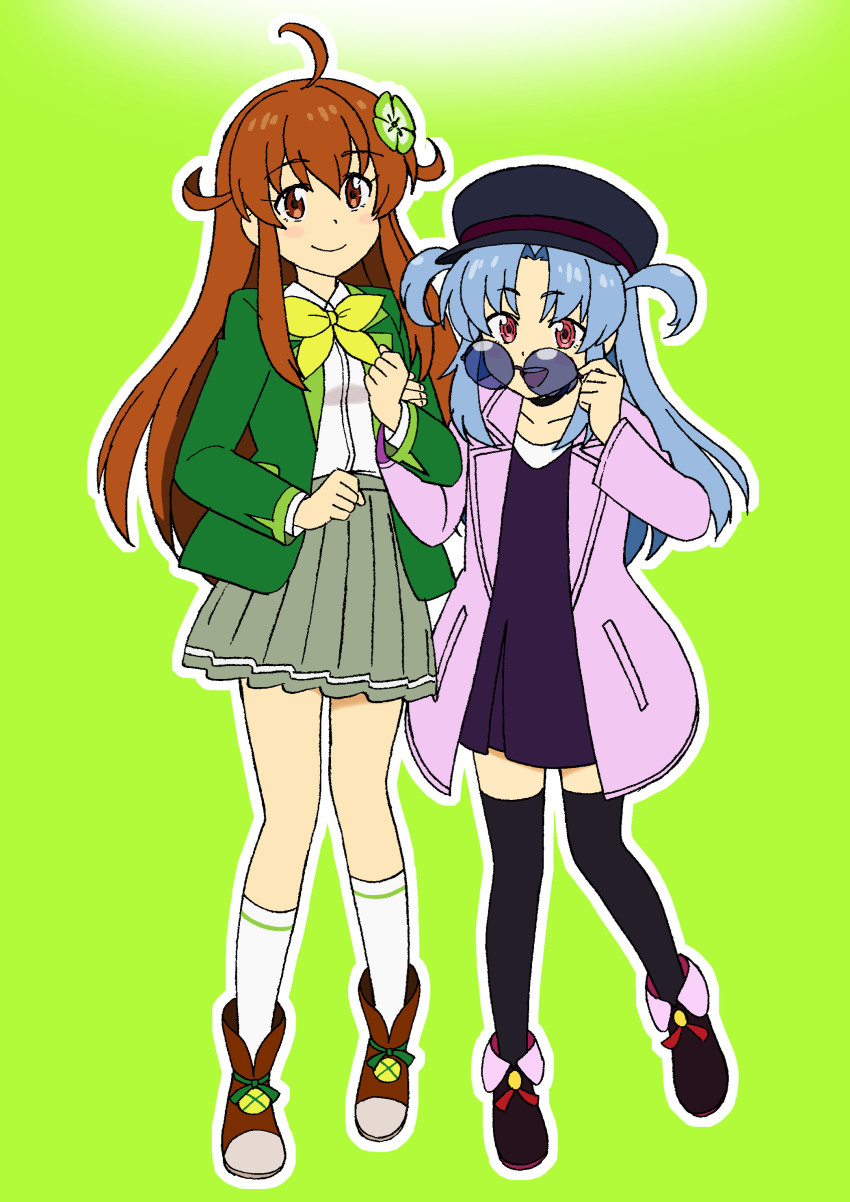 2girls, absurdres, amamiya_mimori, brown_hair, green_jacket, highres, jacket, kurobane_alice