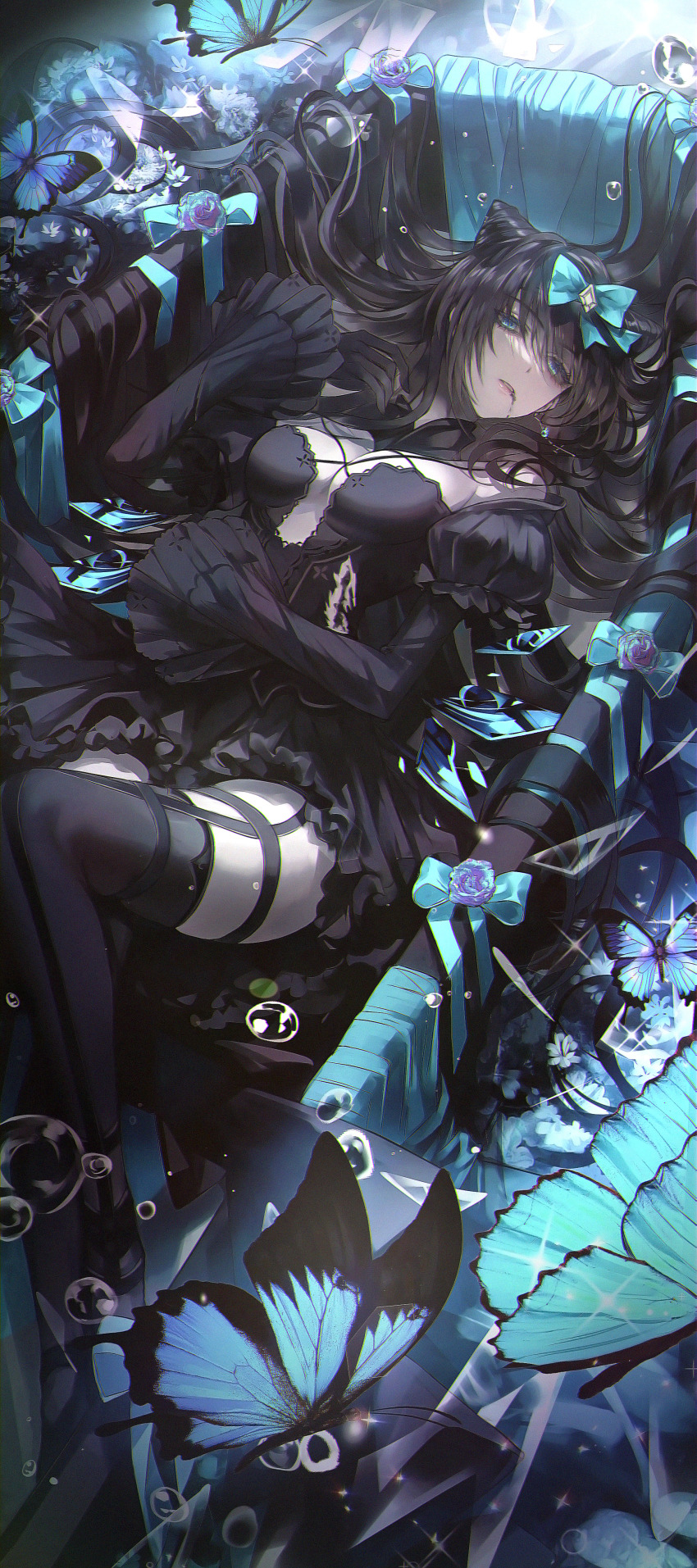 1girl, absurdres, aqua_bow, arcaea, bare_shoulders, black_dress, black_gloves, black_hair, black_thighhighs, blue_eyes, bow, bubble, bug, butterfly, dress, flower, gloves, hair_bow, hair_ornament, highres, hikaku_(siyrgr), insect, long_hair, long_sleeves, looking_at_viewer, lying, on_back, parted_lips, solo, tairitsu_(arcaea), tairitsu_(tempest)_(arcaea), thighhighs, thighs