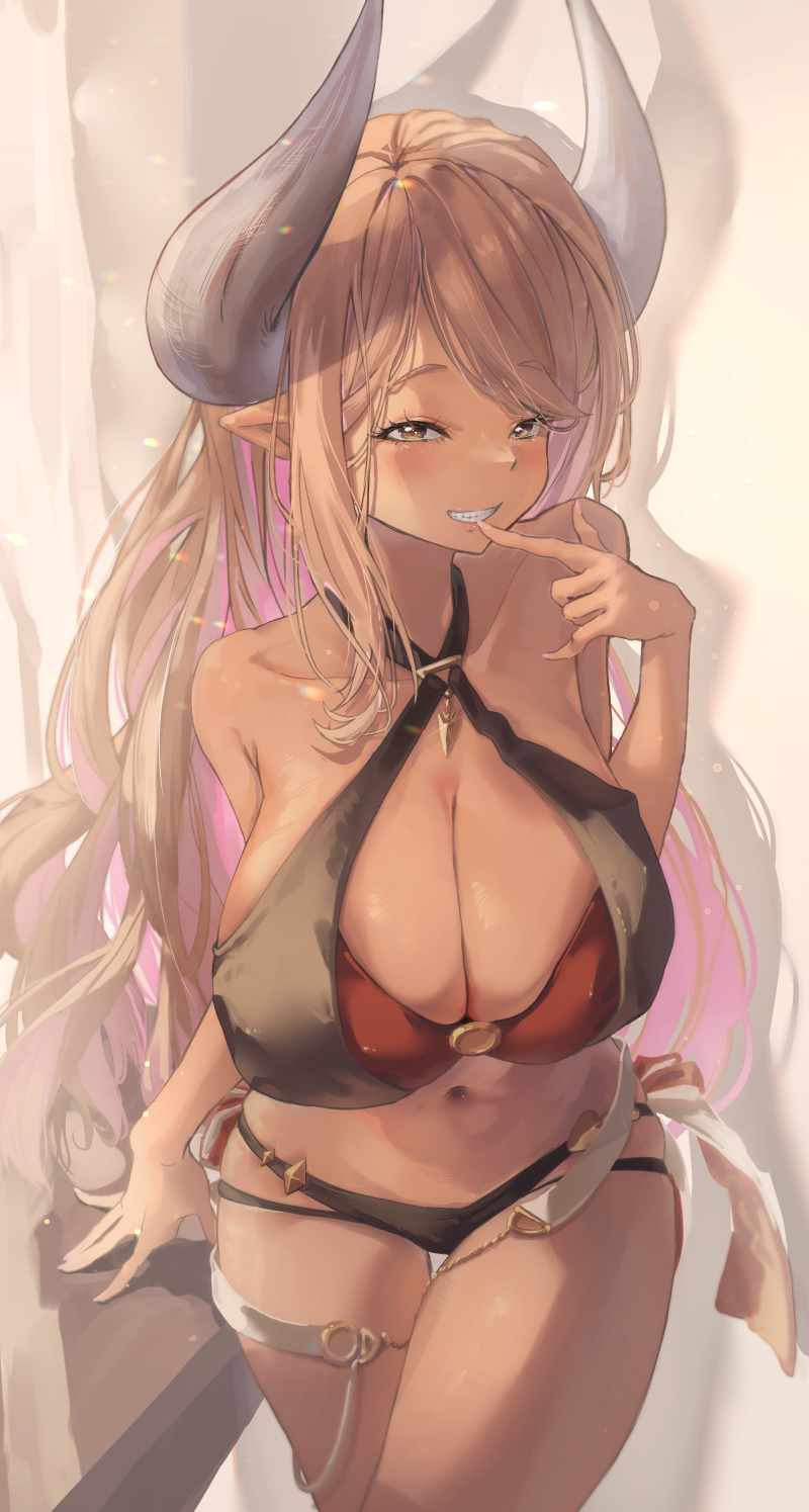 1girl, belt, bikini, blonde_hair, blush, breasts, cleavage, colored_inner_hair