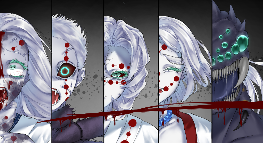 2girls, 3boys, ^_^, ahegao, arachne_boy, arthropod_boy, arthropod_girl, bead_necklace, beads, bleeding, blood, blood_on_face, blood_splatter, bob_cut, close-up, closed_eyes, colored_eyelashes, colored_sclera, colored_skin, column_lineup, cracked_skin, crying, decapitation, dying, extra_eyes, facial_mark, facing_viewer, fangs, father_spider_demon_(kimetsu_no_yaiba), green_eyes, grey_background, grey_skin, half-closed_eyes, hands_on_own_neck, hands_up, happy, housan_dango, human_head, insect_girl, jewelry, kimetsu_no_yaiba, long_hair, looking_at_viewer, monster, mother_spider_demon_(kimetsu_no_yaiba), multiple_boys, multiple_girls, necklace, older_brother_spider_demon_(kimetsu_no_yaiba), older_sister_spider_demon_(kimetsu_no_yaiba), open_mouth, poison, portrait, red_sclera, rui_(kimetsu_no_yaiba), scared, short_hair, spider_boy, spider_girl, strangling, text_in_eyes, thick_eyebrows, white_hair, white_skin, wide-eyed