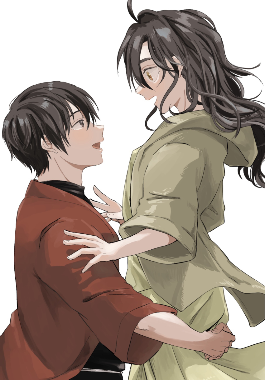 1boy, 1other, ahoge, black_hair, blush, brown_eyes, brown_hair, buppii_buru