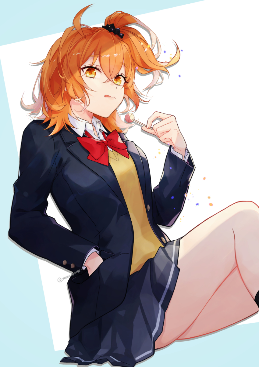 1girl, absurdres, black_jacket, black_scrunchie, bow, bowtie, buttons, candy