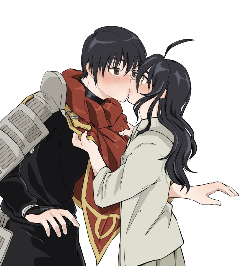 1boy, 1girl, absurdres, ahoge, blush, brown_eyes, brown_hair, buppii_buru