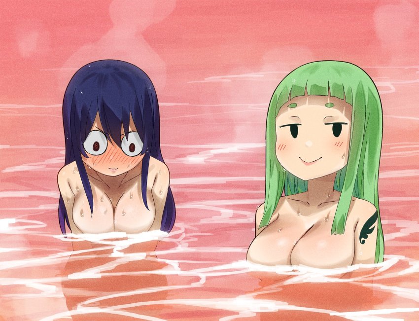 2girls, bath, bathing, blue_hair, blush, breasts, cleavage, colorized