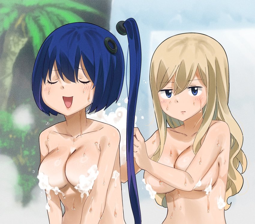 2girls, bath, bathing, blonde_hair, blue_eyes, blue_hair, blush, breasts