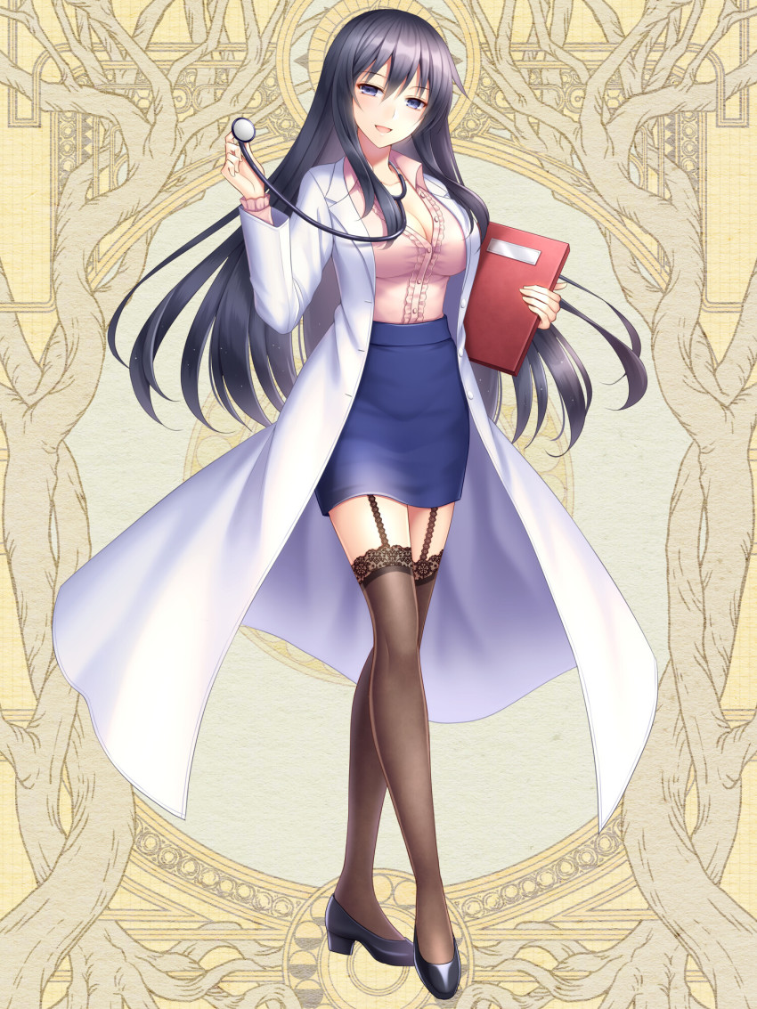 1girl, :d, black_footwear, black_hair, blue_eyes, blue_skirt, book, breasts, brown_thighhighs, cleavage, commission, dairoku_ryouhei, full_body, garter_straps, hair_between_eyes, highres, holding, holding_book, kuruse_chihaya, lab_coat, large_breasts, long_hair, looking_at_viewer, open_mouth, pencil_skirt, pink_shirt, shirt, skirt, smile, solo, standing, stethoscope, thighhighs, tsubaki_chisa, yellow_background